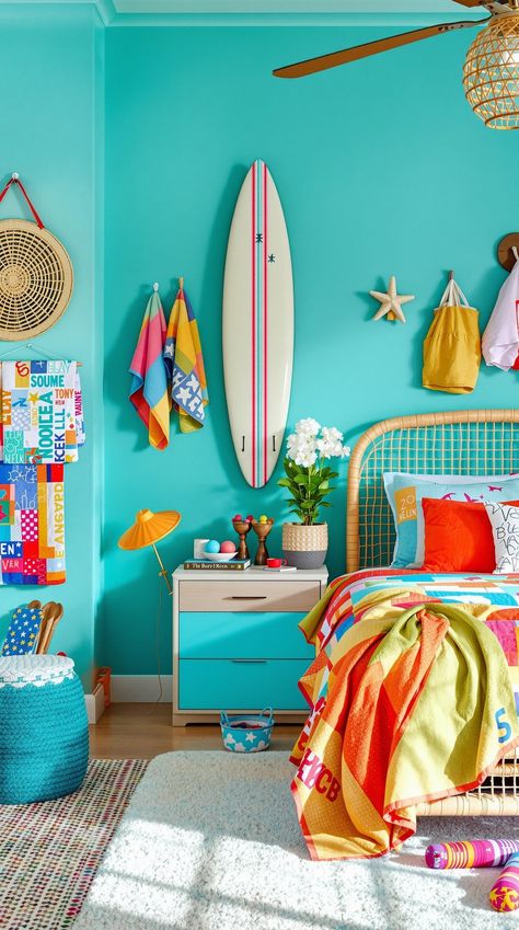 Coastal Master Bedroom Colorful Beach House Decor, Surf Bedroom, Bedroom Accents, Coastal Bedroom, Coastal Retreat, Master Bedrooms, Leisure Arts, Seaside Getaway, Hammock Chair