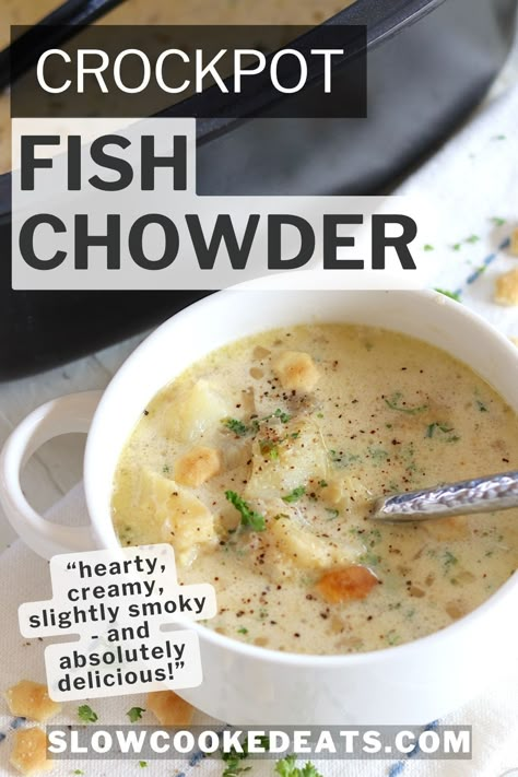 This crock pot fish chowder recipe is so delicious - and the perfect comfort food on a cold night. It's hearty, creamy, and slightly smoky. Slow cooker fish soup is loaded with potatoes, onion, cod or haddock, fresh herbs and spices. Other seafood may be added, such as shrimp or scallops - and bacon, for the perfect seafood chowder! Yum! Slow Cooker Cod Recipes, Slow Cooker Fish Chowder, Crock Pot Seafood Chowder, Fish Crock Pot Recipes, Crockpot Fish Recipes Slow Cooker, Fish Chowder Crockpot, Slow Cooker Chowder Recipes, Slow Cooker Seafood Chowder, Crockpot Seafood Chowder