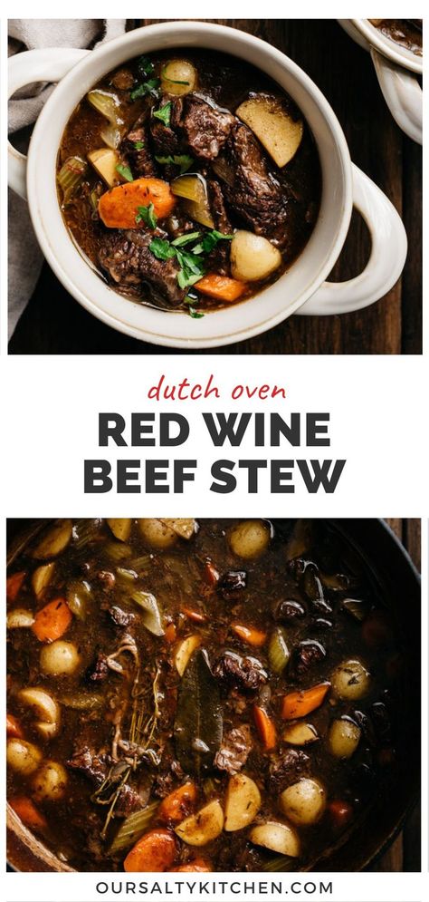 Beef stew with red wine in a bowl (top image) and in a dutch oven (bottom image) with a title bar in the middle that reads "dutch oven red wine beef stew". Beef Stew Recipe Red Wine, Beef Stew With Red Wine, Wine Beef Stew, Stew With Red Wine, Beef Stew Dinner, Red Wine Beef Stew, Braised Beef Stew, Dutch Oven Beef Stew, Rich Beef Stew