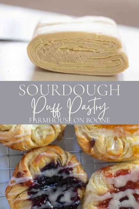 Learn how to make homemade sourdough puff pastry that can be used for anything from turnovers to pies. This easy recipes makes the most delicious, flaky, and buttery pastries. #farmhouseonboone #sourdough #sourdoughpuffpastry Sourdough Filo Dough, Sourdough Starter Ideas, Sourdough Discard Toaster Strudel, Discard Sourdough Pop Tarts, Sour Cream Pastry Dough, Sourdough Cream Puffs, Sourdough Toaster Strudel, Sourdough Strudel, Sourdough Crossiant Recipes