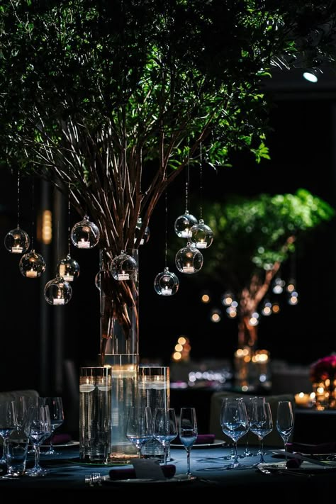 Trees On Tables Wedding, Tree Centerpieces Wedding Forest Themes, Trees Inside Wedding Reception, Floating Wedding Centerpieces, No Floral Wedding Centerpieces, Lighted Branches Centerpieces, Enchanted Forest Wedding Centerpieces, Moss Table Decor, Tree Centerpieces Wedding