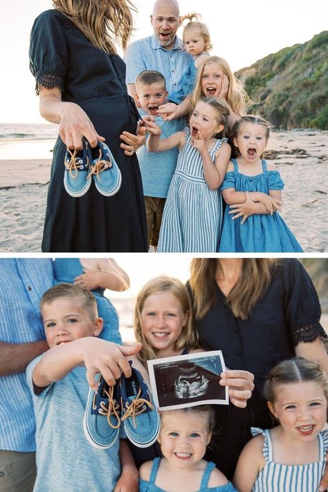 Family Pregnancy Photoshoot, Baby Reveal Pictures, Sibling Gender Reveal, Announce Baby, Gender Reveal Photo Shoot, Baby Gender Announcements, Pregnancy Announcement Sibling, Family Maternity Pictures, Baby Announcement Photoshoot