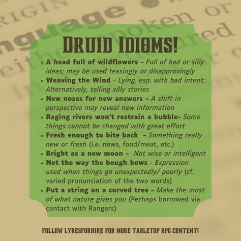 Dictionary-style text post containing druid idioms for Dungeons & Dragons Thanks For Sticking With Me, Druid Character, Falling Tree, Dnd Druid, Words From A, Today I Learned, Dungeon Master's Guide, Dnd Funny, Writing Fantasy