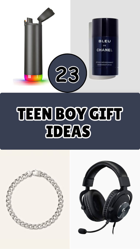 A sleek collage showcasing trendy and stylish gift ideas for teen boys. Features a glowing water bottle, Bleu de Chanel deodorant, a silver chain bracelet, and high-quality headphones. Perfect for inspiration on unique and practical gifts for teenage boys. Teen Boy Room Accessories, Boys 16th Birthday Gift Ideas, Gifts For 17 Year Boy, Teen Boys Gift Ideas, Teen Boy Valentine Gift Ideas, Teen Boy Gift Basket, Popular Gifts For Teens, Teen Boy Gift Ideas