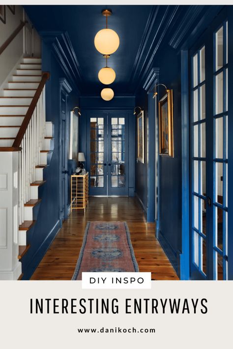 Colorful Entryway Inspo Bold Entryway Paint Colors, Colorful Foyer Ideas Entryway, Tiled Foyer Entryway, Maximalist Foyer, Bold Entryway Colors, Color Drenched Entryway, Bold Entryway Ideas, Blue Entryway Ideas, Entry Way Painting Ideas