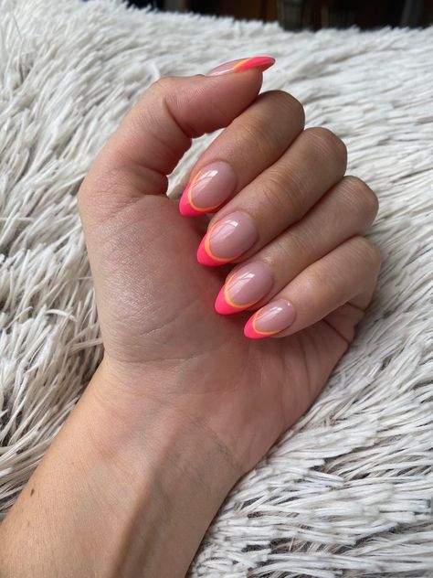 Short Almond Acrylic Nails Colorful, Nails Oval Shape Summer, Short Almond Nails Colored French Tip, Fun Pink French Tip Nails, Pink And Organs Nails, Bright French Tips Almond, Preppy Nail Inspo Almond, Preppy Nail French Tip, Two Color French Tip Nails Summer