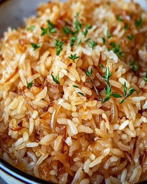 Savory Caramelized Onion Rice with Thyme Recipe Golden Onion Butter Rice Recipe, Corn And Rice Recipes, Golden Onion Butter Rice, Special Rice Recipe, Savoury Rice Recipes, Rice Sides Recipes, Casseroles With Vegetables, Savoury Rice Recipe, Onion Rice Recipe