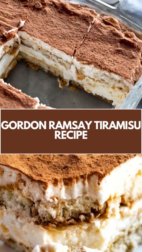 This easy and creamy Tiramisu recipe, inspired by Gordon Ramsay, is the perfect indulgence for any occasion. With simple ingredients like mascarpone cheese, espresso, and ladyfingers, you can create a rich, flavorful dessert that’s both quick and delicious. Plus, it’s flexible enough to add your favorite twist! Gordon Ramsay Recipes Desserts, Mascarpone Recipes Dessert Simple, Mascarpone Cheese Recipes, Terimasu Recipe Easy, Easy Tiramisu Recipe Simple, Ladyfingers Recipe Desserts, Tirimasu Recipes, Tiramisu Ideas, Quick And Easy Tiramisu