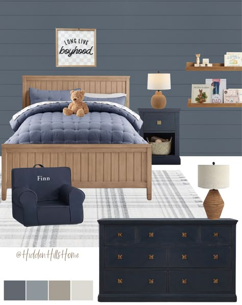 Tilly Upholstered Bed curated on LTK Bedroom With Navy Blue Accent Wall, Boys Room Wainscoting, Black And Blue Boys Room, Toddler Blue Room, Navy Blue Toddler Boy Room, Navy Furniture Bedroom, Blue Little Boys Room, Blue Boys Rooms, Toddler Boy Accent Wall