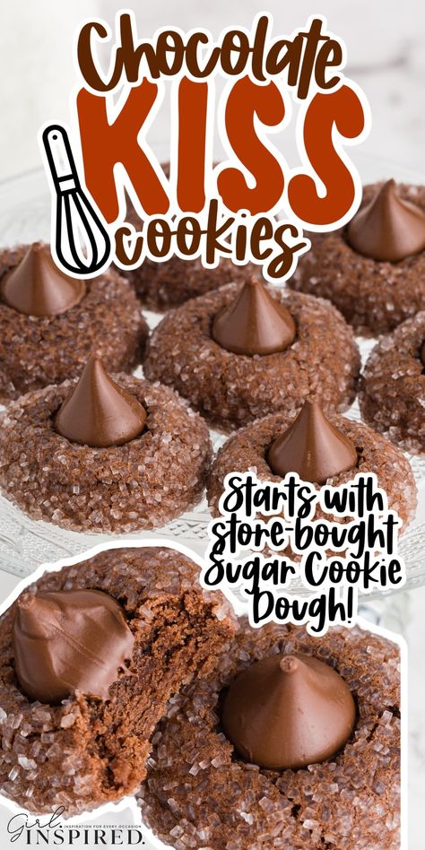 Hershey Kiss Chocolate Cookiesare rich and flavorful, made with chocolate sugar cookie dough, coarse sanding sugar, and Hershey's Kisses! Peppermint Hershey Kiss Recipes, Hershey Kiss Cookies Recipe, Hershey Kiss Sugar Cookies, Pillsbury Chocolate Chip Cookie Dough, Hershey Kisses Recipes, Chocolate Crackle Cookies, Kiss Cookie Recipe, Chocolate Kiss Cookies, Hershey Kiss Cookies