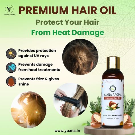 Heat protection and shine in a bottle! Yuana Aroma Premium hair oil with argan and rosemary oil is perfect for keeping your hair healthy and hydrated, even when using heat styling tools. . . . . . . #yuanaaroma #premiumhairoil #healthyhairgoals #frizzfreehair #naturalhaircare #shinierhair #yuanamumbai #yuanaindia #damagehair #strongerhair #preventsfrizz #uvrays Argan Oil Hair, Frizz Free Hair, Heat Styling, Vegan Brands, Rosemary Oil, Hair Healthy, Natural Haircare, Heat Styling Products, July 1