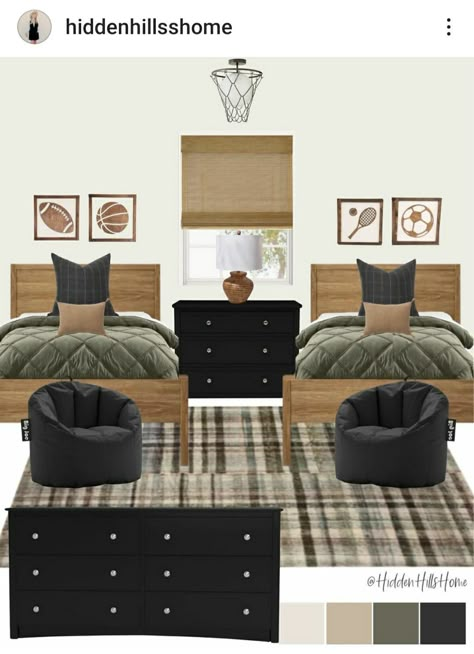 Boy Bedroom Two Twin Beds, Masculine Twin Bedroom, Boys Room 3 Beds, Boys Twin Beds Bedroom Ideas, Black Bed With Green Bedding, Black And Wood Bedroom Decor, Wood Frame Bedroom Ideas, Two Full Beds In One Room, Brother Shared Bedroom Ideas