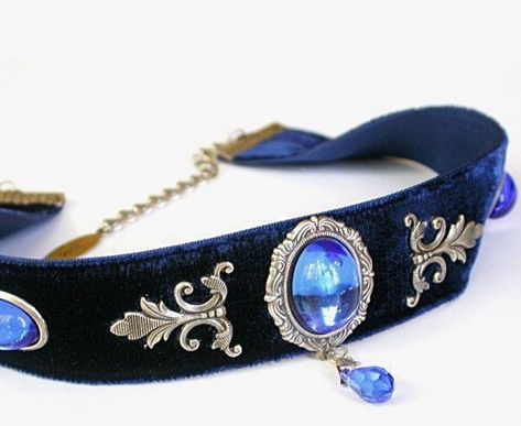 Blue Acsesuares, Dark Blue Whimsigoth, Cute Blue Accessories, Blue Assessories, Leg Choker, Bat Mitzvah Outfits, Fantasy Choker, Blue Jewerly, Homecoming Accessories