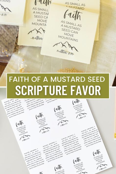 "Faith as Small as a Mustard Seed Can Move Mountains" scripture favor and free printable is perfect for churches, VBS, Sunday school or as a Soul Winning favors to help spread the Gospel message of Christ. Mustard Seed Gift Ideas, Mustard Seed Gifts Diy, Mustard Seed Scripture, Faith Like A Mustard Seed Craft, Mustard Seed Faith Craft Free Printable, Faith Of A Mustard Seed Craft For Kids, Church Favors Ideas, Mustard Seed Crafts, Faith As Small As A Mustard Seed