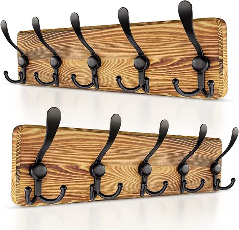 AmazonSmile: Sayoneyes Wood Coat Rack Wall Mount with 5 Tri Metal Coat Hooks for Hanging – 17 Inch Heavy Duty Premium Solid Pine Wood – Wall Hooks Rack for Bathroom, Bedroom, Entryway (2 Pack) : Home & Kitchen Coat Hanger Wall, Rustic Towel Rack, Black Coat Hooks, Coat Rack Wall Mount, Mountain Home Decor, Brown Plates, Coat Hooks Wall Mounted, Wood Plank Walls, Rustic Coat Rack