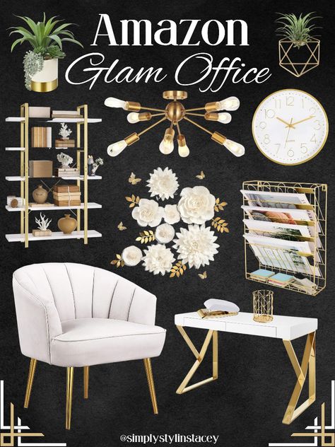 Glam White And Gold Office Desk, Home Office White And Gold, Black White Gold Home Office, White Gold Black Office, Glam Classroom Decor, White And Gold Desk Office, Office Decor Gold Accents, Home Office Gold Accents, Amazon Glam Office