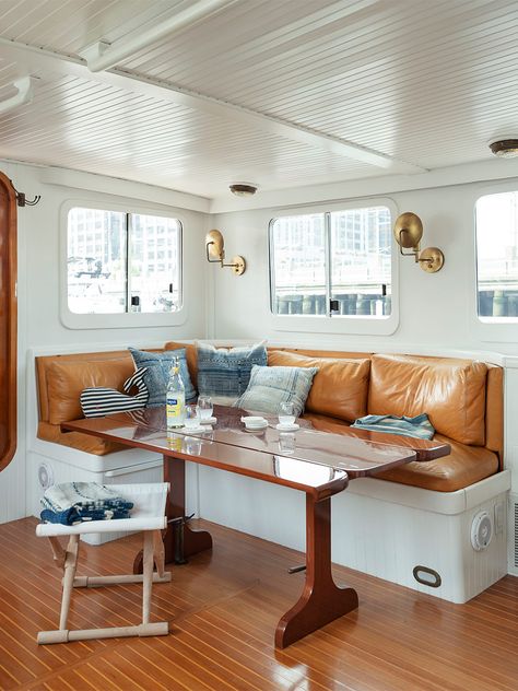 How This Family Created a Floating Summer Home Out of an ’80s Tugboat Wood Boat Interior, Boathouse Interior, House Boat Interior, Houseboat Ideas, Nautical Decor Diy, Boat Interior Design, Lord Nelson, Dutch Barge, Boat Living