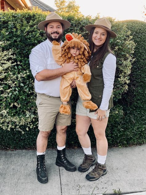 Lion and Safari Guides Zoo Theme Halloween Costumes, Safari Theme Dress Up, Zoo Keepers Family Costume, Zoo Keeper Halloween Costume, Lion Halloween Costume Family, Zoo Keeper Costume Family, Baby Lion Costume Family, Zoo Keeper Outfit Women, Family Safari Costume