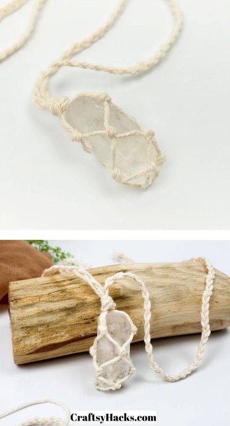 Making A Necklace With A Stone, How To Make Necklace With Crystal, Crystal Net Diy, Crochet Rock Necklace, Diy Rock Jewelry How To Make, Diy Necklace With Stone, How To Make Rock Necklaces, Making Stone Jewelry, How To Make Stone Necklaces