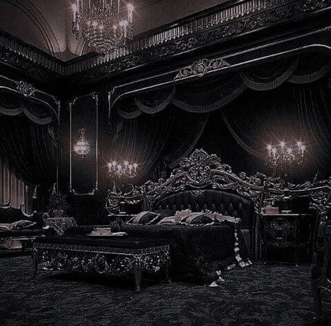 Goth Victorian House, Slytherin Dorm Room, Castle Aesthetic Interior, Goth Castle, Dark Royalty Aesthetic, Goth Houses, Royal Bed, Royal Room, Castle Rooms