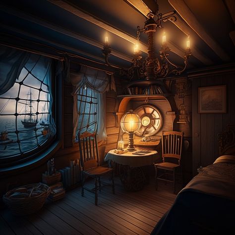 Pirate Captain Bedroom, Pirate Ship Room Aesthetic, Pirate Ship Cabin Bedroom, Pirate Ship Bedroom Aesthetic, Pirate Astethic Room, Huge Pirate Ship, Fantasy Pirate Ship Interior, Pirate Ship Kitchen, Nautical Aesthetic Bedroom