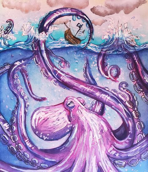 Finished. #kraken #watercolor #9x12watercolor #purple #blue #water #artistsoﬁnstagram #artistsoftwitch Kraken Drawing Sea Monsters, Kraken Watercolor, Kraken Painting, Kraken Illustration, Kraken Drawing, Kraken Art, Tattoos Sketches, Scuba Tank, The Kraken