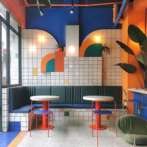 Fun Restaurant Interior, Color Restaurant Design, Quirky Cafe Interior, Colorful Restaurant Design, Retro Restaurant Design, Memphis Design Interior, Colourful Cafe, Colorful Cafe, Colorful Restaurant