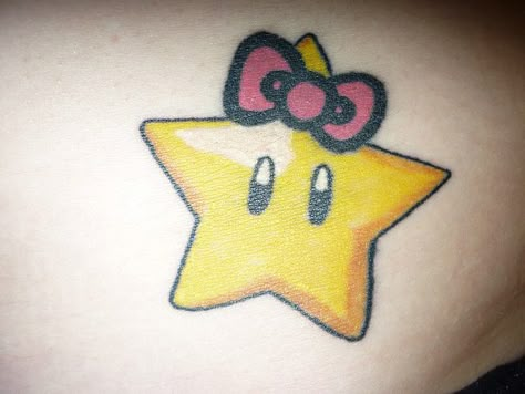 Not going to lie... this is pretty adorable... (found on Flickr from Lil-Tinks) Mario Star Tattoo, Arrow Tattoos For Women, Mario Tattoo, Emo Tattoos, Mario Star, Kitty Tattoos, Hello Kitty Tattoos, Hello Kitty Bow, Ribbon Tattoos