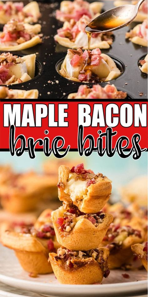 Maple Walnut And Bacon Brie Bites, Maple Bacon Brie In Puff Pastry, Crescent Bites Appetizers, Bacon Brie Appetizer, Brie And Bacon Appetizer, Mini Brie Recipes, Brie Bites Crescent Rolls, Brie Skewers, Nutcracker Treats