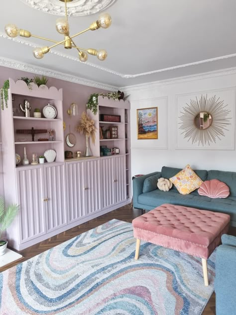 Mauve painted shelving in newly decorated living room with blue sofa. Lounge Feature Wall, Polly Pocket House, Ikea Billy Hack, Chic Room Decor, English Townhouse, Blush Pink Bedroom, Decorated Wall, Home Office Shelves, Colorful Minimalist