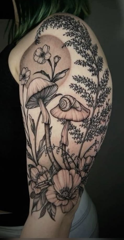 Botanical Skull Tattoo, Girly Half Sleeve Tattoos, Plant Tattoos For Women, Cottage Tattoo, Mushroom Sleeve, Cottagecore Tattoo, Forest Tattoo Sleeve, Earthy Tattoos, Whimsical Tattoos