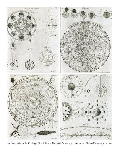 Free Printable Vintage Astronomy Illustration Collage Sheets — The Art Scavenger Celestial Printables, Prints For Journal, Astronomy Illustration, Vibe Images, Vintage Spaceship, Spike Island, Vintage Astronomy Prints, Kawaii Printables, Free Paper Printables