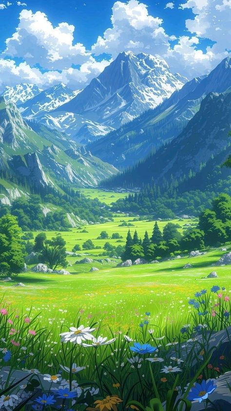 Scenery Drawing Landscapes, Mountain Anime Wallpaper, Scenery Painting Mountain, Paisajes Aesthetic Anime, Green Anime Wallpaper Iphone, Anime Backgrounds Wallpapers Landscape, Anime Landscape Drawing, Green Scenery Wallpaper, Anime Beautiful Scenery