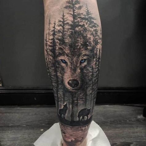 53 Best Tattoo Ideas in 2021 (For Men & Women) Filler Tattoo Ideas Gap Realism, Tattoo Ideas For Men Calf, Wolf Leg Tattoo, Wolf Face Tattoo, Rose Tattoo Leg, Calf Sleeve Tattoo, Tattoo Calf, Trees Tattoo, Fenrir Tattoo