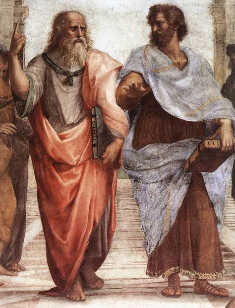 Plato (left) and Aristotle (right), a detail of The School of Athens, a fresco by Raphael. School Of Athens, Greek Philosophy, Ancient Greek Philosophers, Greek Philosophers, Dante Alighieri, Friedrich Nietzsche, Caravaggio, Philosophers, Ancient Civilizations