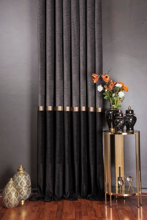 ExclusiveShopByEnes - Etsy Luxury Drapes Living Rooms, Statement Curtains Living Room, Dark Curtains Living Room, Black Gold Curtains, Black Curtains Living Room, Black And Gold Curtains, Dark Grey Curtains, Fraternity House, Chenille Curtains