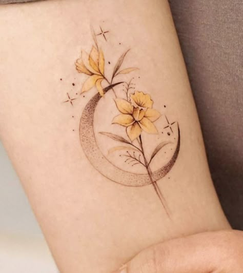 Moon And Daffodil Tattoo, Moon And Orchid Tattoo, 91 Tattoo, Narcissus Flower Tattoo, Narcissus Tattoo, Narcissus Flower Tattoos, Flower Tattoo Meaning, Small Lotus Flower Tattoo, Tattoo Symbolism