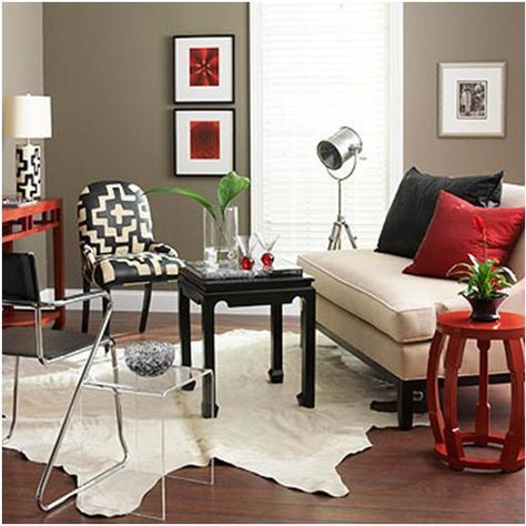 Black, red, and taupe color scheme Red Accent Wall, Red Living, Living Room Red, Bedroom Red, Red Room, Red Rooms, Red Walls, Living Room Colors, Home Design Decor