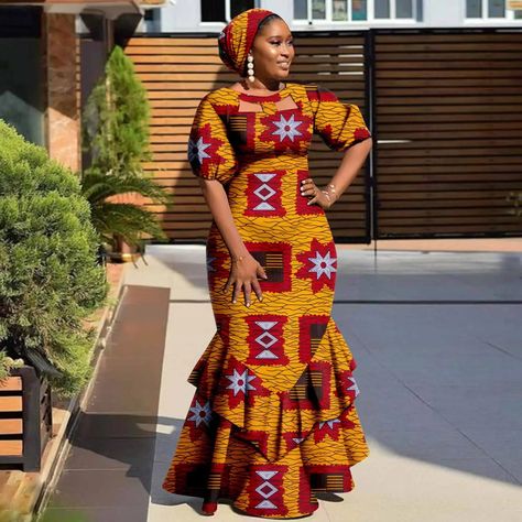 62.83US $ 30% OFF|African Dresses For Women Dashiki Ankara Print Slim Ruffles Long Maxi With Headwrap Bazin Riche Elegant Party Gown Y2225020 - Africa Clothing - AliExpress Free Ankara Gown Styles, Ankara Long Gown Styles For Women, Long African Dresses For Women, Ankara Long Gown Styles For Ladies, Brocade Styles, Long Ankara Dresses, Gown Dress Party Wear, Long Gown Styles, Ankara Long Gown