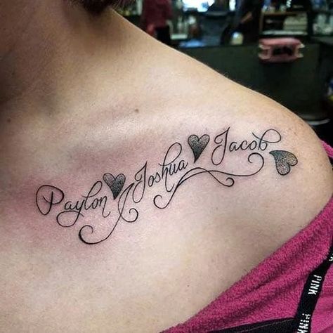 Tattoo Idea For Kids, Grandchildren Tattoos, Heart Tattoos With Names, Tattoos With Names, Name Tattoo Ideas, Name Tattoos For Moms, Kid Name Tattoo, Mama Tattoo, Tattoos For Moms