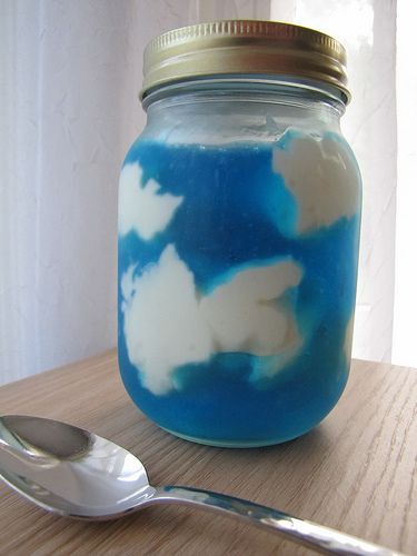 Edible Science, Kitchen Science Experiments, Jar Desserts, Blue Jello, Mason Jar Desserts, Kitchen Science, Weather Theme, Sky With Clouds, Weather Unit