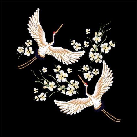 Crane Bird Drawing, Drawing Japanese, Bird Embroidery Pattern, Flowers Japanese, White Crane, Japanese White, Vietnam Art, Bird Drawing, Chinese Embroidery