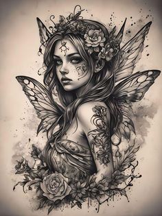 Amy Brown Fairies Tattoos, Spider Flower Tattoo Design, Rose And Mushroom Tattoo, Fairy Tattoo Realistic, Beautiful Fairy Tattoo, Fairy Tattoo Colorful, Half Body Tattoos For Women, Dark Elf Tattoo, Irish Fairy Tattoo