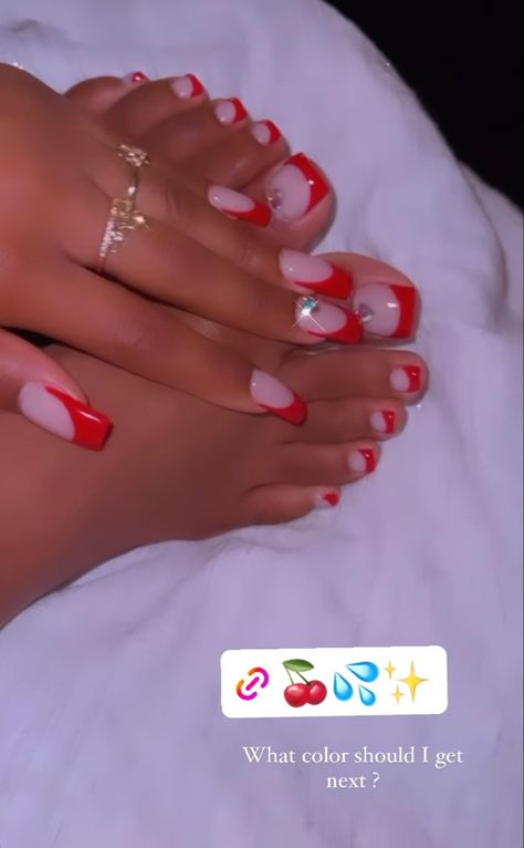 White Nails With Red Flower Design, Red Nails And Toes Matching, Red French Tip Toe Nails, Red Acrylic Toes, Red French Tip Toes, Matching Nail And Toe Sets, Toes Nail Designs, Red Toe Nails, Drippy Nails