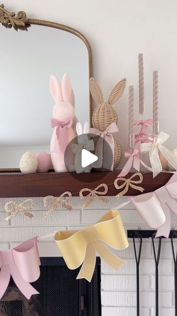 Deborah Trette on Instagram: "the bunnies are out, the bows are up! sharing my easter mantel — lovin’ all the pretty spring pastel colors + spring feels! 🐰🌸 bow garlands: @merimeriparty   save and share for inspo🫶🏻 links under @shop.ltk   #spring #springdecor #springmantel #easter #easteridea #easterdecor #pinkaesthetic #easteantel #flockedbunny #homegoodsfinds #homegoodsobsessed #homedecor #springrefresh" Bunny Garland Diy, Spring Home Inspiration, June Birthday Ideas, Easter Mantel Decorating Ideas, Easter Fireplace Mantel Decor, Easter Fireplace Mantel, Decoration For Fireplace, Easter Garlands, Easter Mantle Decor