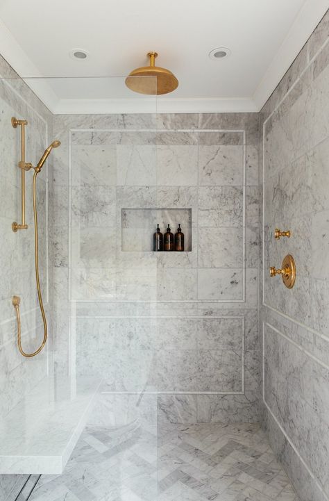 How to Plan and Design a Shower Niche - roomfortuesday.com Marble Bathroom Counter, Erin Kestenbaum, Bathroom Niche, Shower Renovation, Walk In Shower Designs, Shower Controls, Marble Showers, Gold Fixtures, Shower Niche