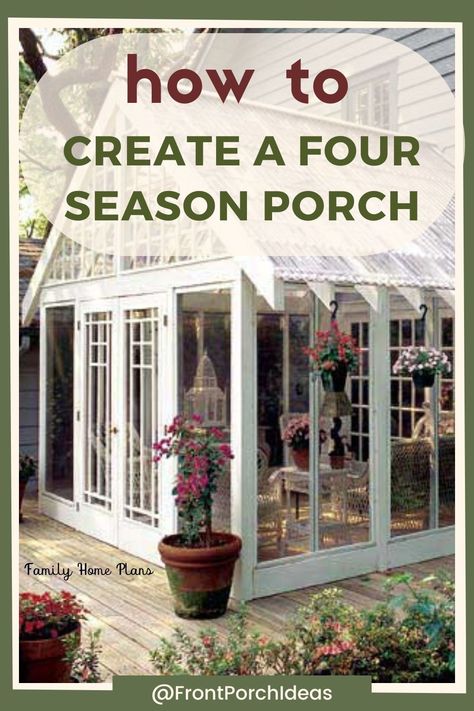 This post will tell you all about creating a porch that you can enjoy during any season. Create a four season sunroom that will be useful year round. Enjoy your porch during the winter or summer with our best tips to create a 4 seasons sunroom from your existing porch! 4 Seasons Sunroom, Three Season Porch Ideas, Porch To Sunroom Conversion, Glassed In Porches, 4 Season Porch, Four Season Room, Porch To Sunroom, All Season Porch, Porch Greenhouse