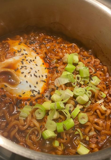 black bean noodles, samyang, green packet, gojujang, egg, fried egg, sesame seeds, spring onion, scallion, noodles, ramen, ramen noodles, korean, spicy noodles Black Bean Ramen, Black Bean Noodles, Bean Noodles, Black Bean, Black Beans, Ramen, Noodles, Quick Saves, Black