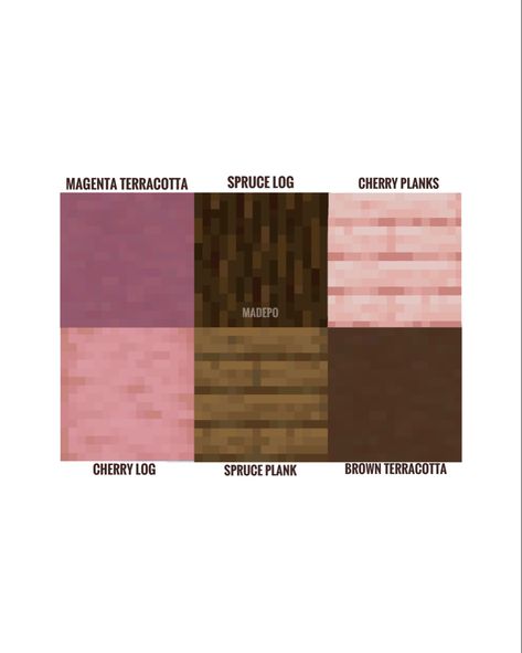 1.20 Cherry Wood Minecraft Block Palette including magenta terracotta, spruce log, cherry planks, cherry logs, spruce planks, and brown terracotta! Comment and follow for more :) aesthetic, cute, floral, flowers, cottagecore, pink, cherry blossom, mcyt, mc Cherry Blossom Block Pallet, Pink Wood Minecraft, Minecraft 1.20 Palette, Pink Blocks Minecraft, Pink And Brown Minecraft House, Minecraft 1.20 Block Palette, Minecraft Houses Cherry Blossom Wood, Minecraft Wood Pallets, Cherry Blossom Block Pallet Minecraft