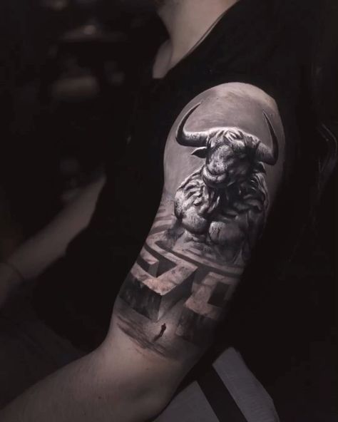 Greek Tattoo Sleeve, Sb Tattoo, Minotaur Tattoo, Greek Tattoo, Left Arm Tattoos, Black Art Tattoo, Greek Mythology Tattoos, Taurus Tattoos, Men Tattoos Arm Sleeve